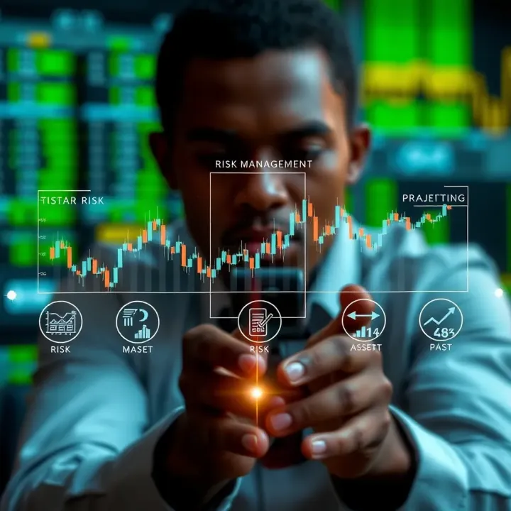 Illustration of risk management concepts with charts and asset selection icons