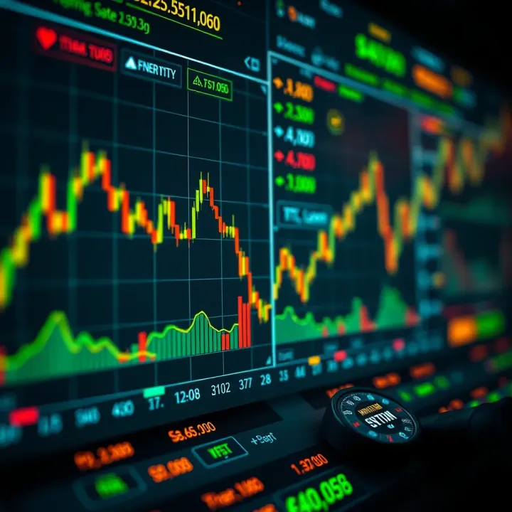 Conceptual graphic showing automated forex trading with charts, currency symbols, and algorithmic elements