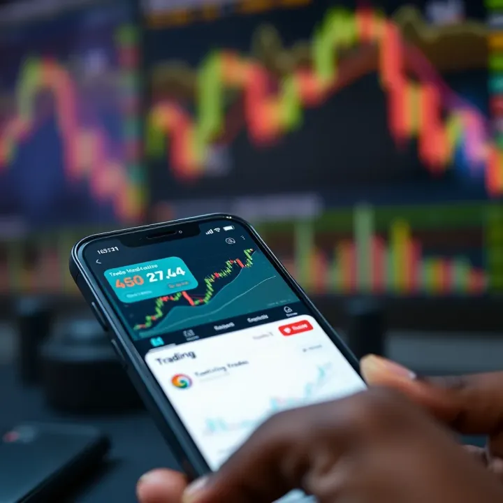 Smartphone displaying a trading app interface with charts and graphs