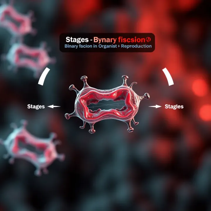 Stages of Binary Fission in Bacteria Diagram illustrating the stages of binary fission in a bacterial cell