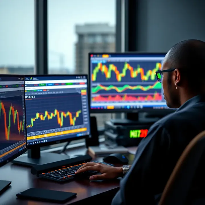 Conceptual depiction of a trader analyzing binary options signals from multiple digital sources on a computer