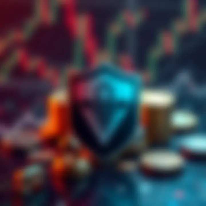 Illustration of secure shield symbol over digital currency icons representing protection and regulation