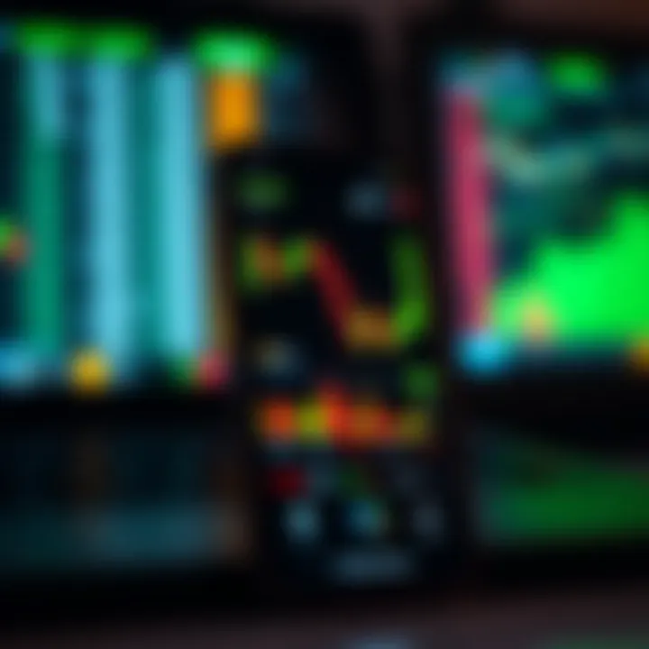 Mobile device displaying cryptocurrency trading interface with charts and candlestick patterns