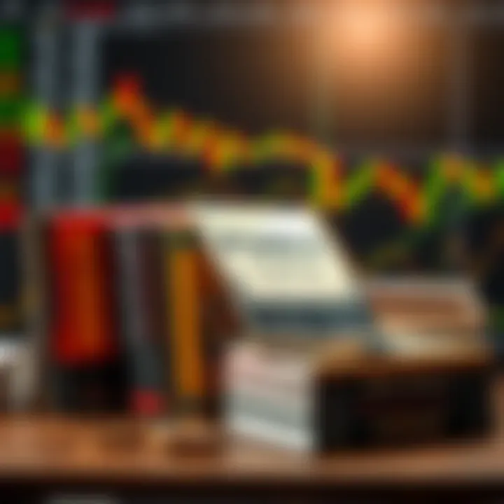 Collection of forex trading books arranged on a wooden table with charts and currency symbols in the background