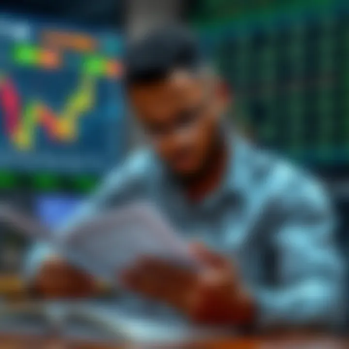 A trader reading a forex trading book with charts and currency symbols visible