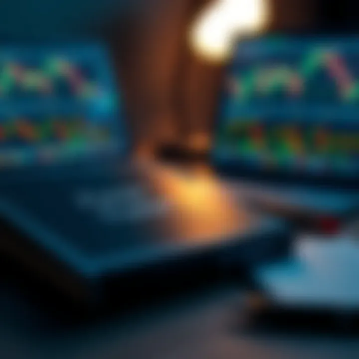 A desk setup showing a forex trading textbook, notebook with notes, and a laptop displaying market graphs