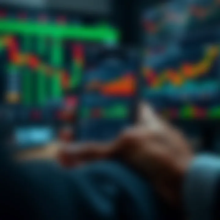 Mobile phone displaying various trading app features with graphs and charts