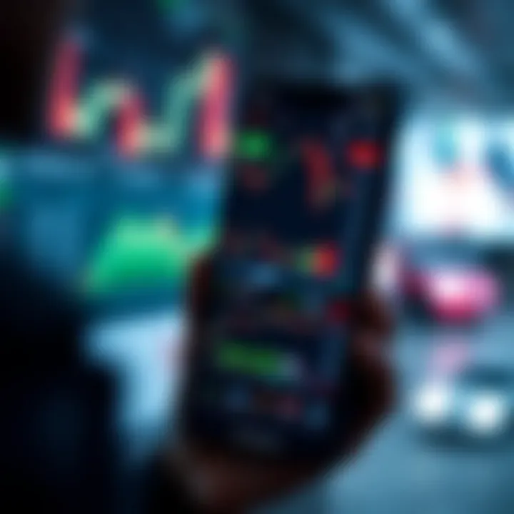 User interface of a mobile trading app showing stock market charts and data