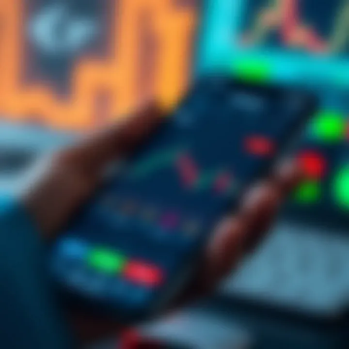 Mobile device displaying a forex trading app interface with charts and currency exchange rates