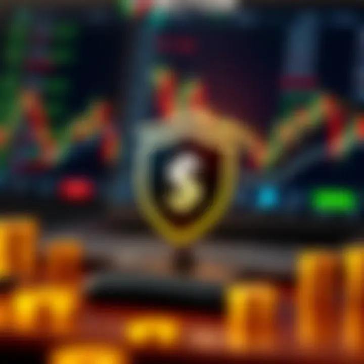 Illustration of risk management with currency symbols and protective shield icons