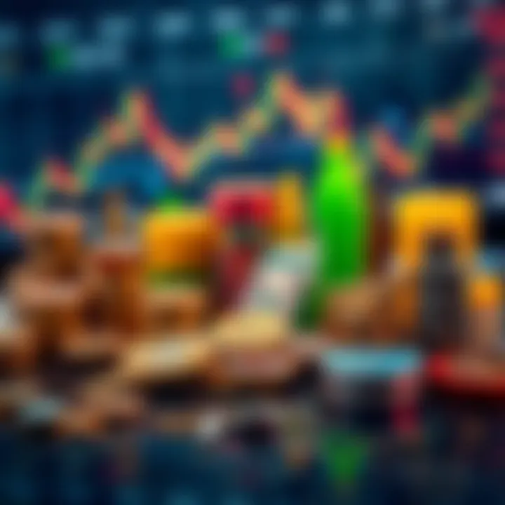 Illustration of various financial assets including stocks, currencies, and commodities with trading graph elements