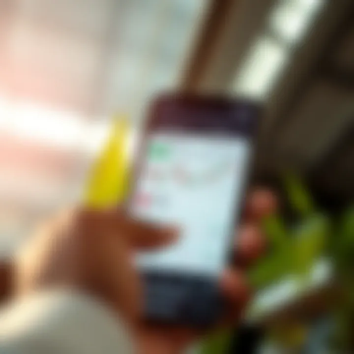 Mobile phone showing a forex trading app interface with currency charts and buy sell options