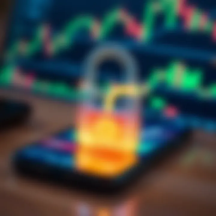 Secure digital padlock overlaid on a smartphone with financial graphs illustrating app safety and reliability