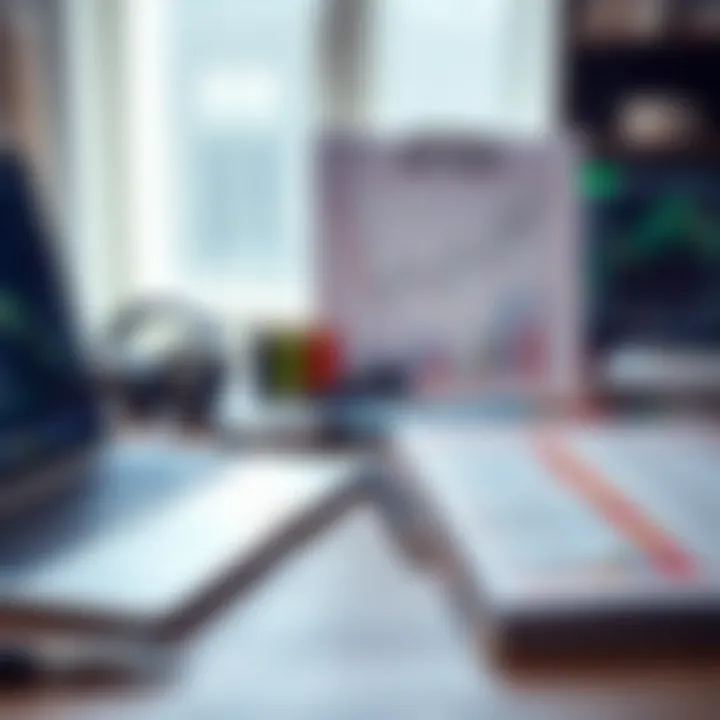Essential Tools and Risk Strategies for Binary Options Trading Collection of trading tools including a laptop, financial graphs, and a risk management checklist