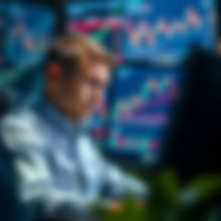 Illustration of a trader analyzing a digital screen with charts and data to improve decision making in trading