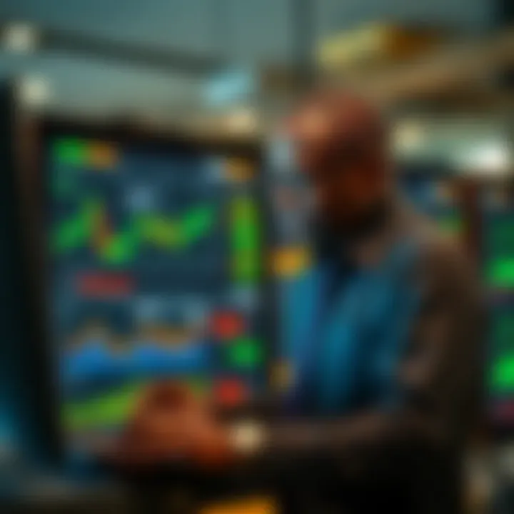 Investor analyzing market trends and economic data on a digital dashboard for strategic decisions