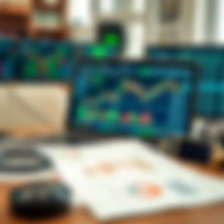 Collection of forex trading tools including laptop screen displaying charts and analysis documents