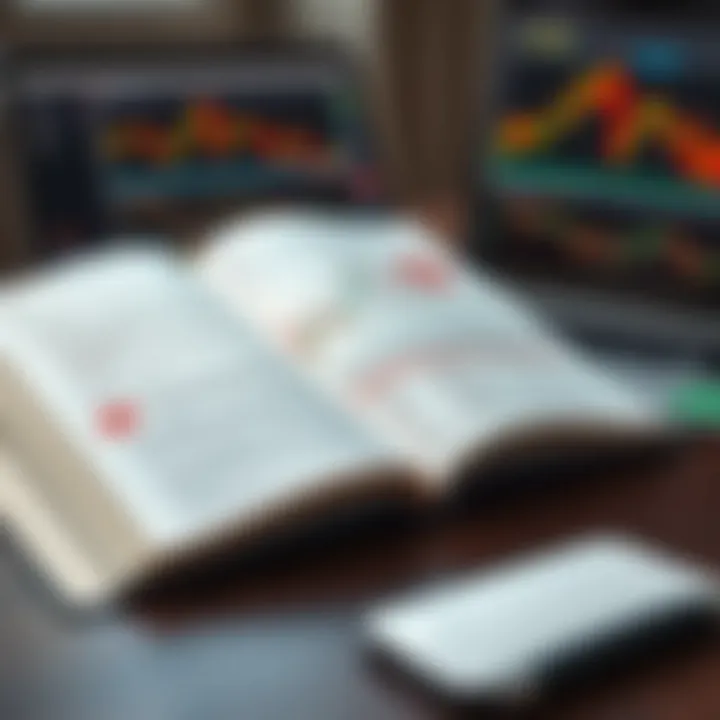 Open forex trading book displaying charts and annotations with a laptop showing currency market data nearby
