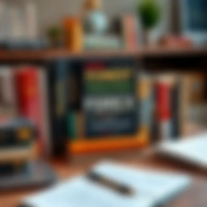 Assortment of forex trading books on a wooden desk with a laptop and a notepad