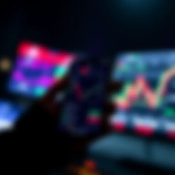 Mobile phone displaying cryptocurrency trading app interface with charts and trading options