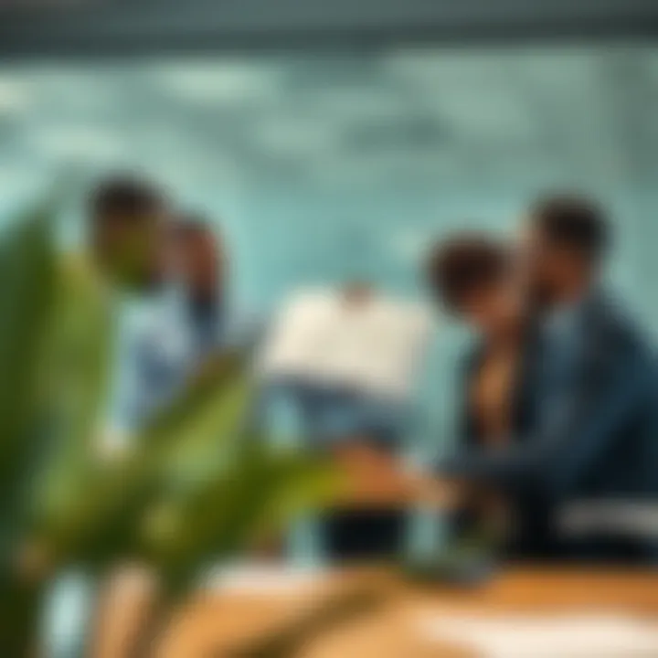 Corporate office with diverse team collaborating on compliance and strategic decisions for long-term success