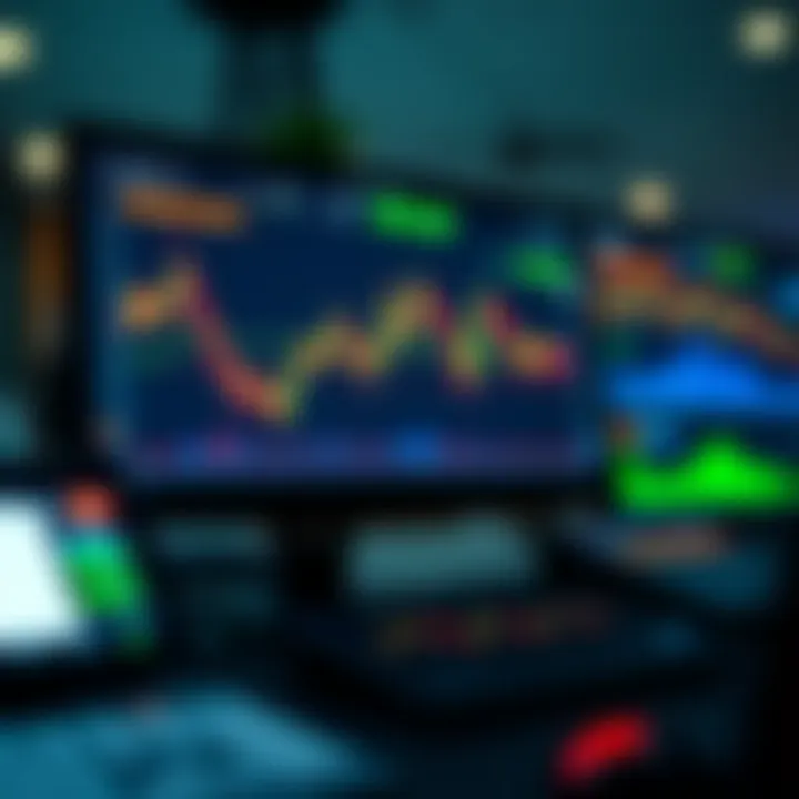 Illustration of a digital trading platform showing binary options interface with charts and trading buttons