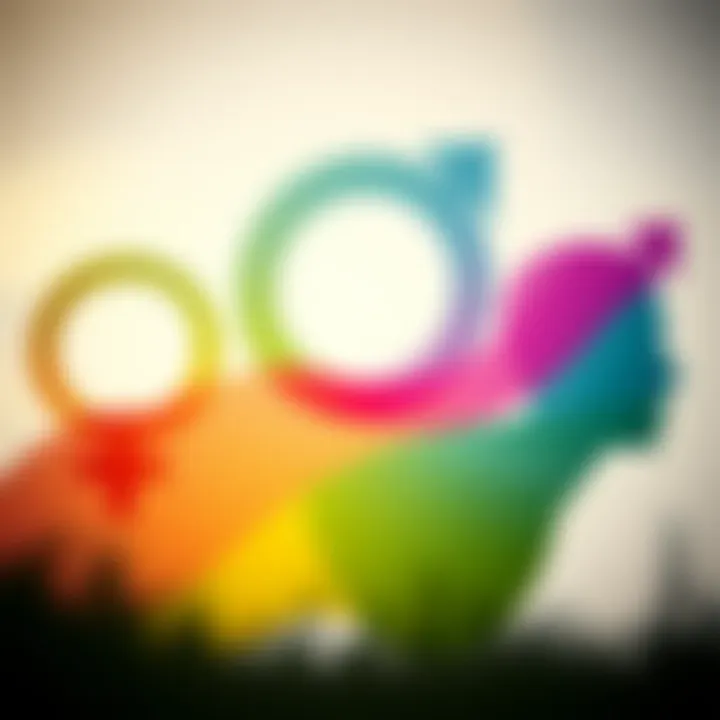 Abstract representation of traditional gender symbols intertwined with a colorful spectrum illustrating gender diversity