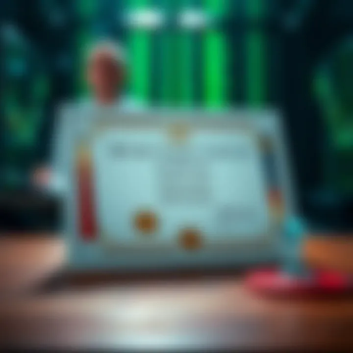 Illustration of a certificate with trading icons symbolizing binary options authorization