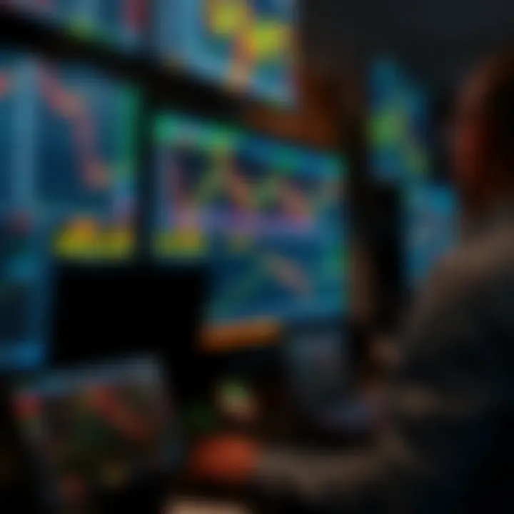 Illustration of automated forex trading system analyzing currency market trends on multiple screens