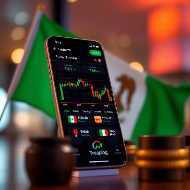 Mobile phone displaying forex trading charts and Nigerian flag symbolizing local market focus