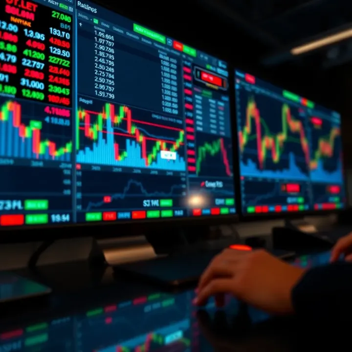 Interactive Trading Platform with Financial Charts Digital trading platform showing various financial charts and market indicators