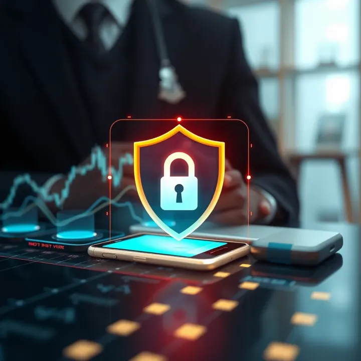 Illustration of secure digital transaction with shield and lock symbols representing app security