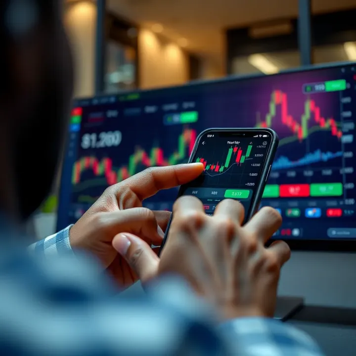 Mobile Trading App Interface with Market Charts User navigating a mobile trading application interface with charts and financial data