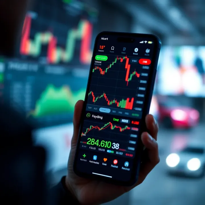 User interface of a mobile trading app showing stock market charts and data