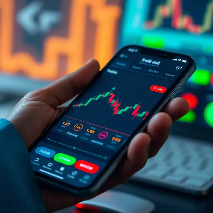 Mobile device displaying a forex trading app interface with charts and currency exchange rates