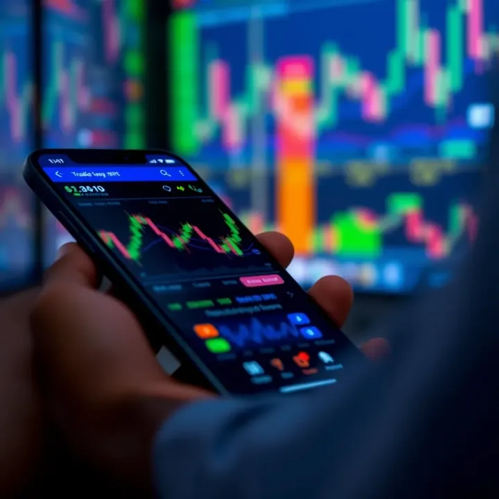 Mobile phone displaying a user-friendly trading app interface with charts and market data