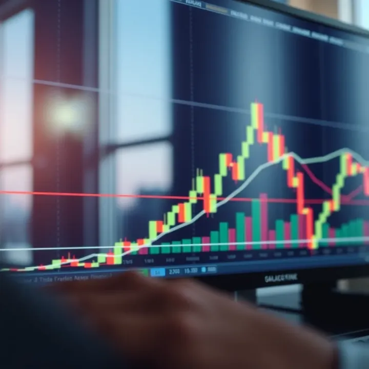 Graph showing upward trend lines and candlestick patterns representing forex market analysis
