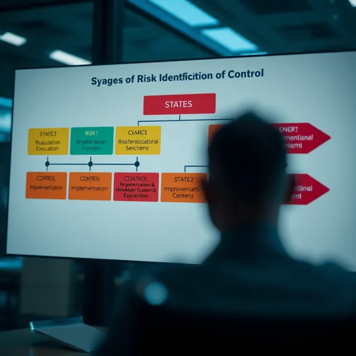 Flowchart showing stages of risk identification, evaluation, control implementation, monitoring, and improvement in business context