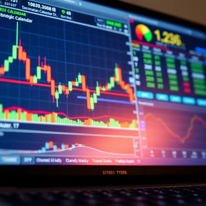 Graphical chart with candlestick patterns and economic calendar icons
