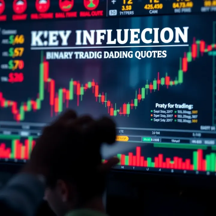 Graphic showing key factors influencing binary trading quotes including charts, currency symbols, and financial data elements