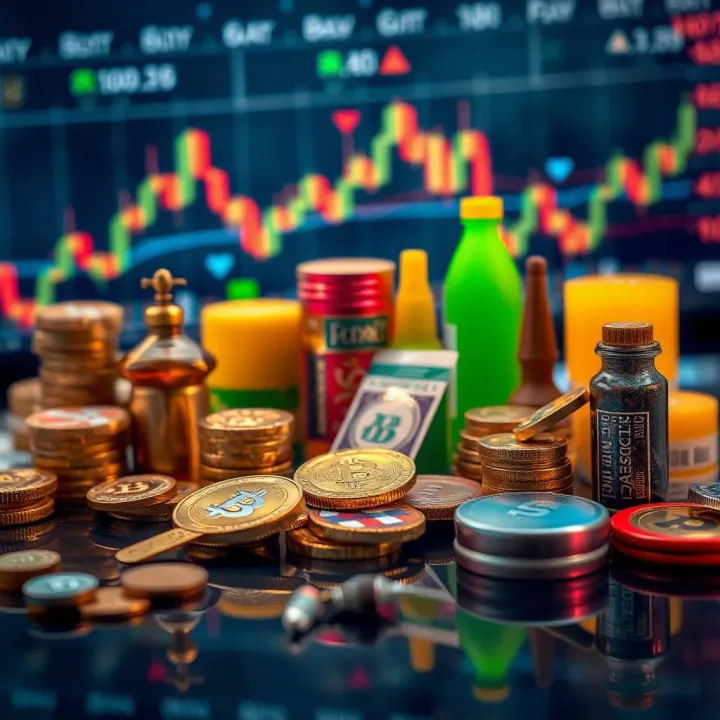 Illustration of various financial assets including stocks, currencies, and commodities with trading graph elements