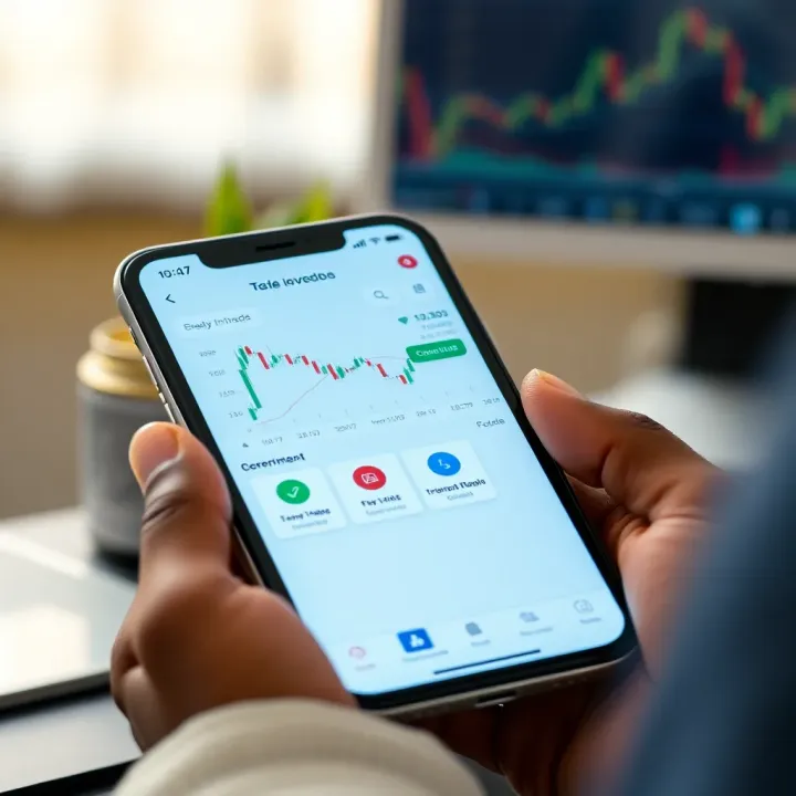 Mobile phone displaying a user-friendly trading app interface with charts and investment options