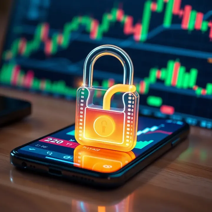 Secure digital padlock overlaid on a smartphone with financial graphs illustrating app safety and reliability
