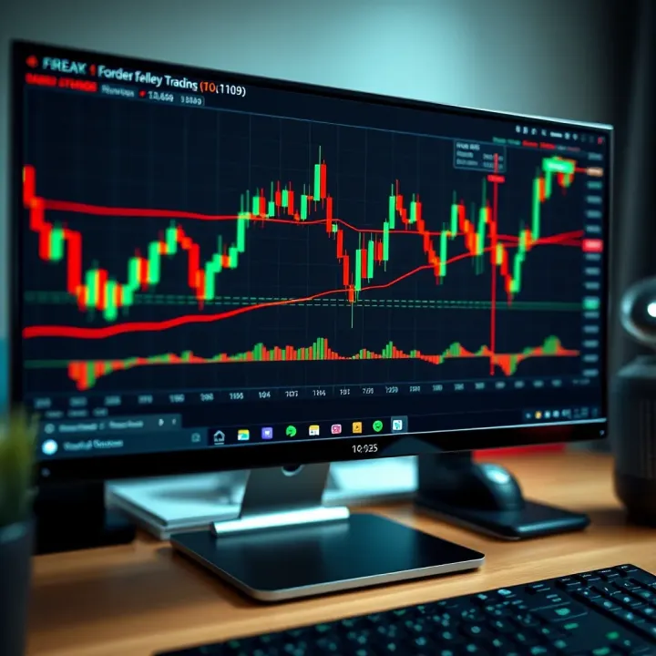 A digital forex trading chart showing currency pairs with trend lines and candlestick patterns on a computer screen
