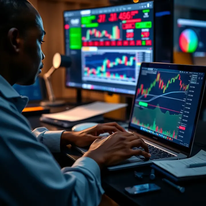 Person using laptop with forex trading charts and notes on local trading environment