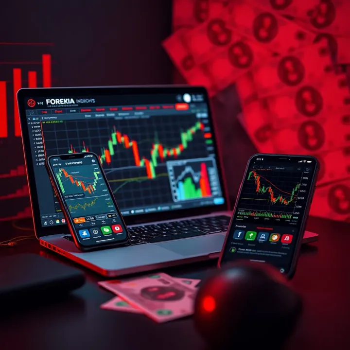 Technology Tools for Forex Trading in Nigeria A desktop setup featuring a laptop displaying forex market data alongside a smartphone with trading apps, set against a backdrop of Nigerian currency notes
