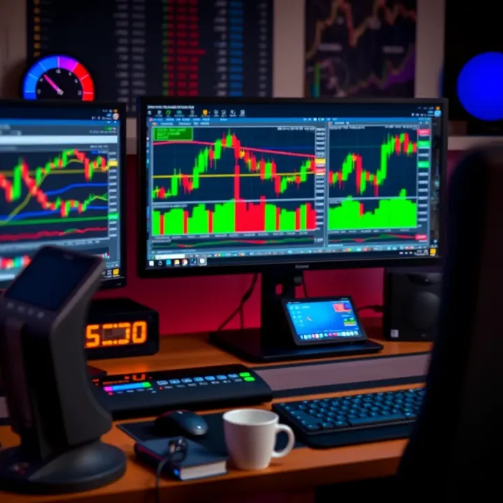 Trading workstation displaying forex charts and risk management tools on screen