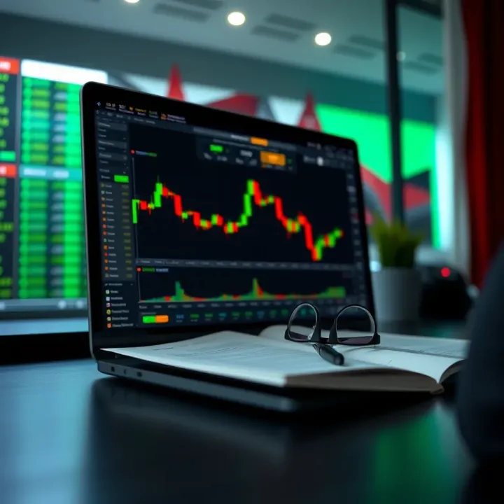 A laptop screen showing a forex trading demo account interface alongside a PDF guide document