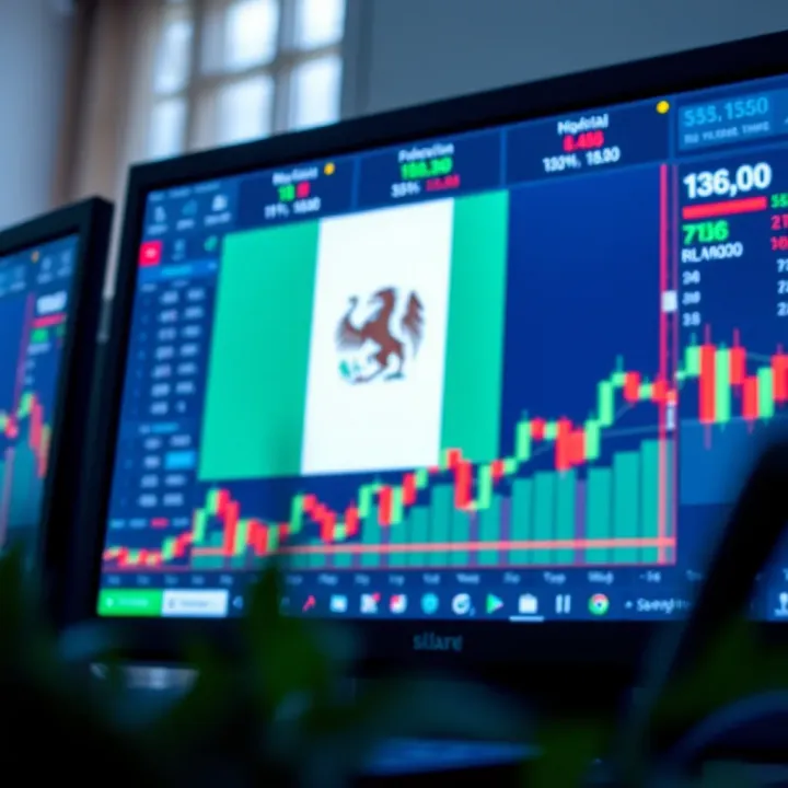 Forex trading charts and currency symbols displayed on a computer screen with a Nigerian flag in the background