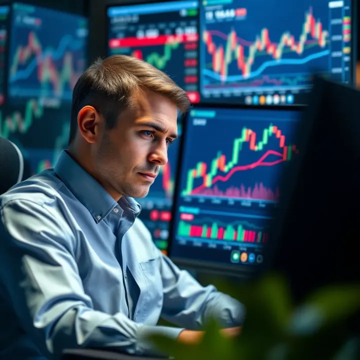 Enhancing Binary Options Decisions with Analytical Tools Illustration of a trader analyzing a digital screen with charts and data to improve decision making in trading
